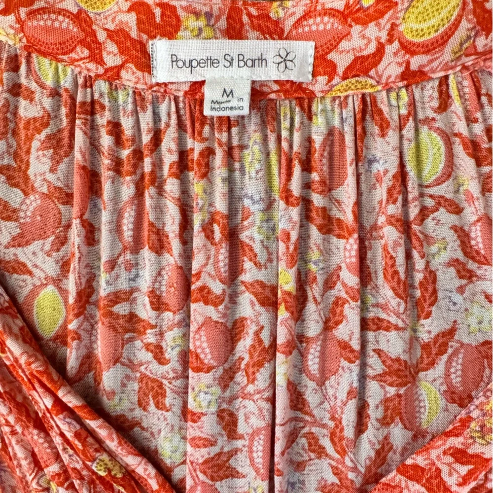 Poupette St. Barth Bonne V-Neck Dress in Orange & Yellow Fruit Print Size Medium